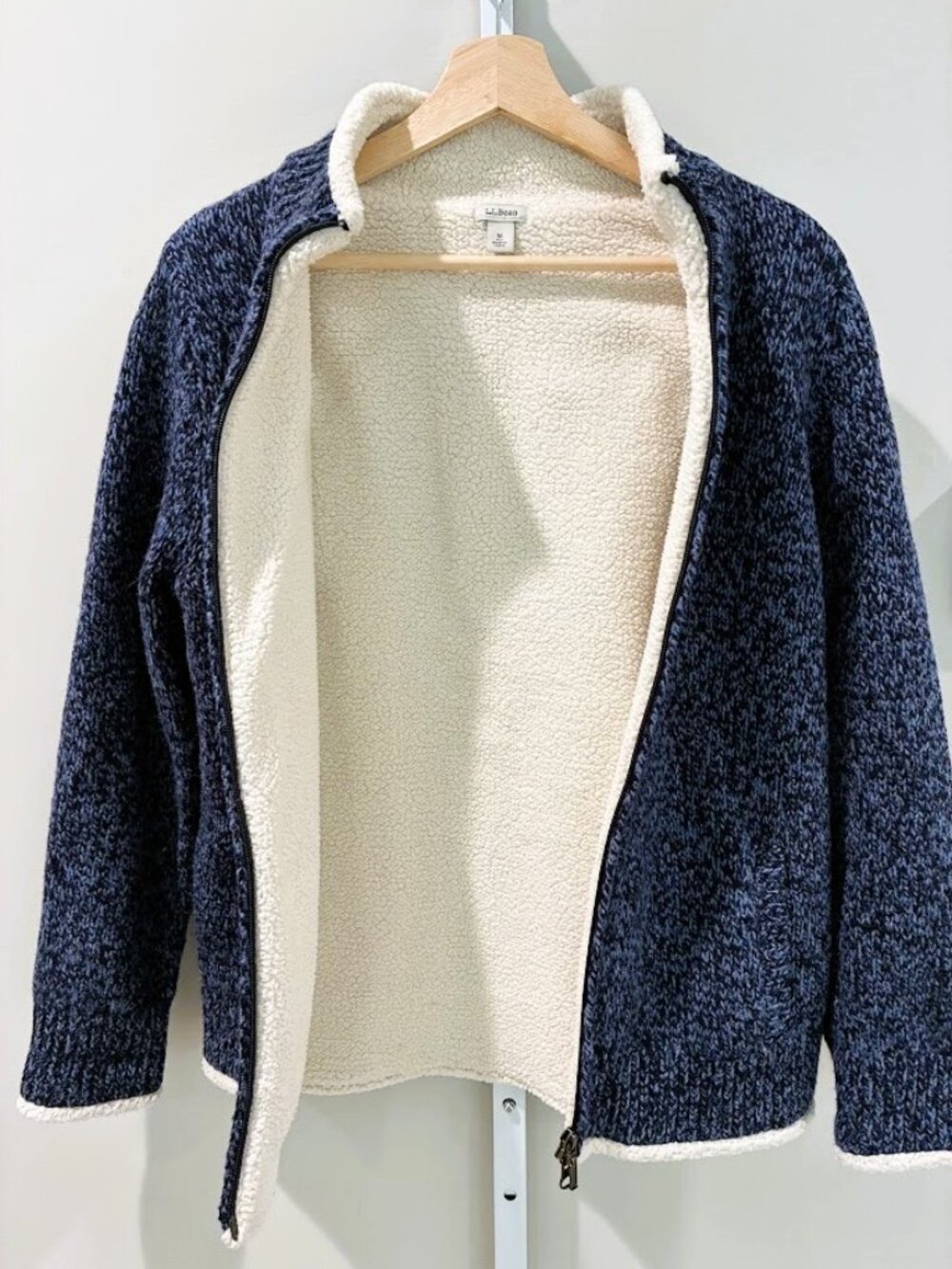 LL Bean Sherpa Lined Lambswool Sweater Jacket Cardigan Blue Marl Womens Size M